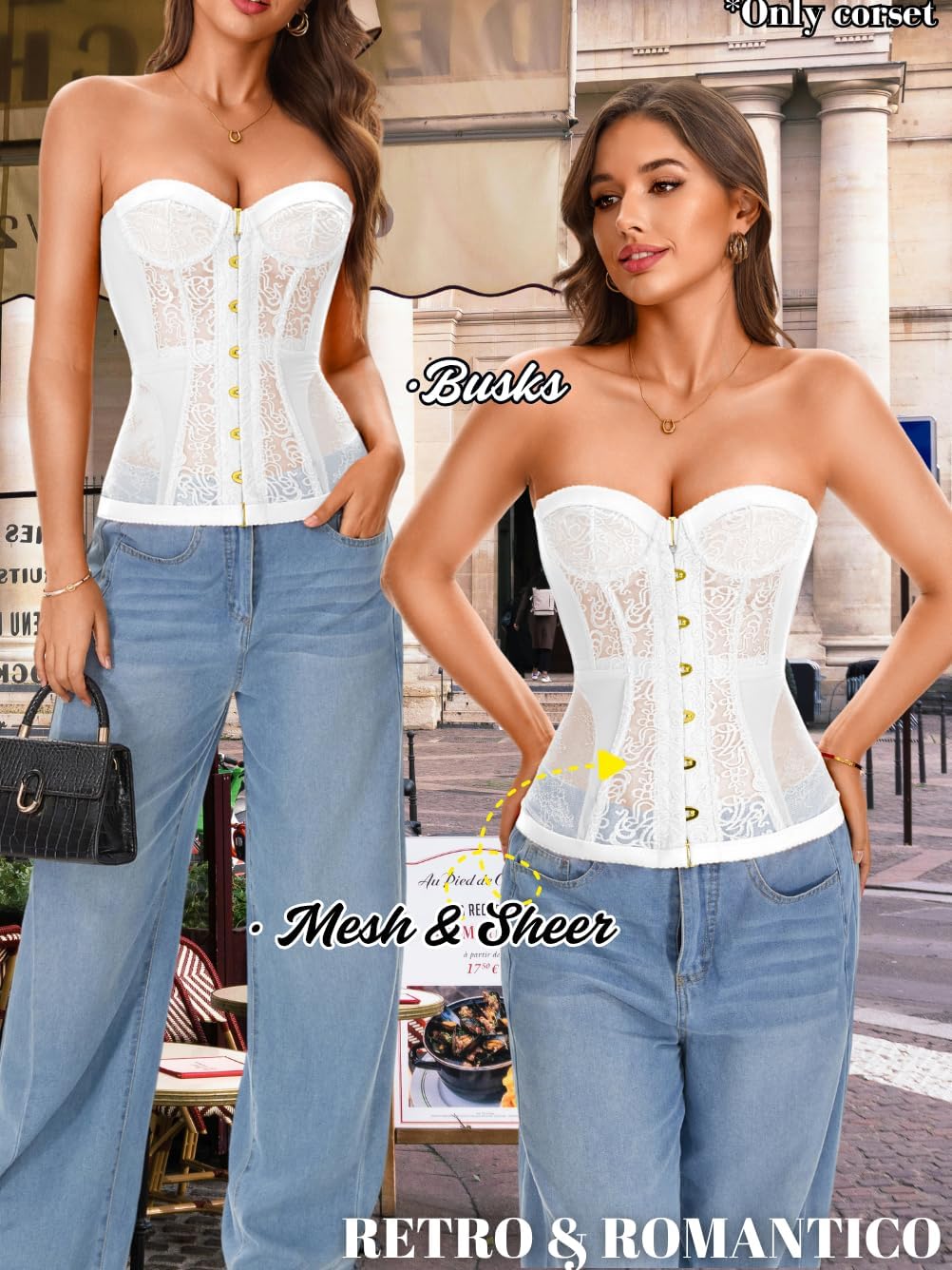 ChiaoLezhee Women's 3D Embroidered Floral Lace Corset, Sexy Sheer Boned Bustier Top for Going Out & Lingerie, Fits Size 00-12