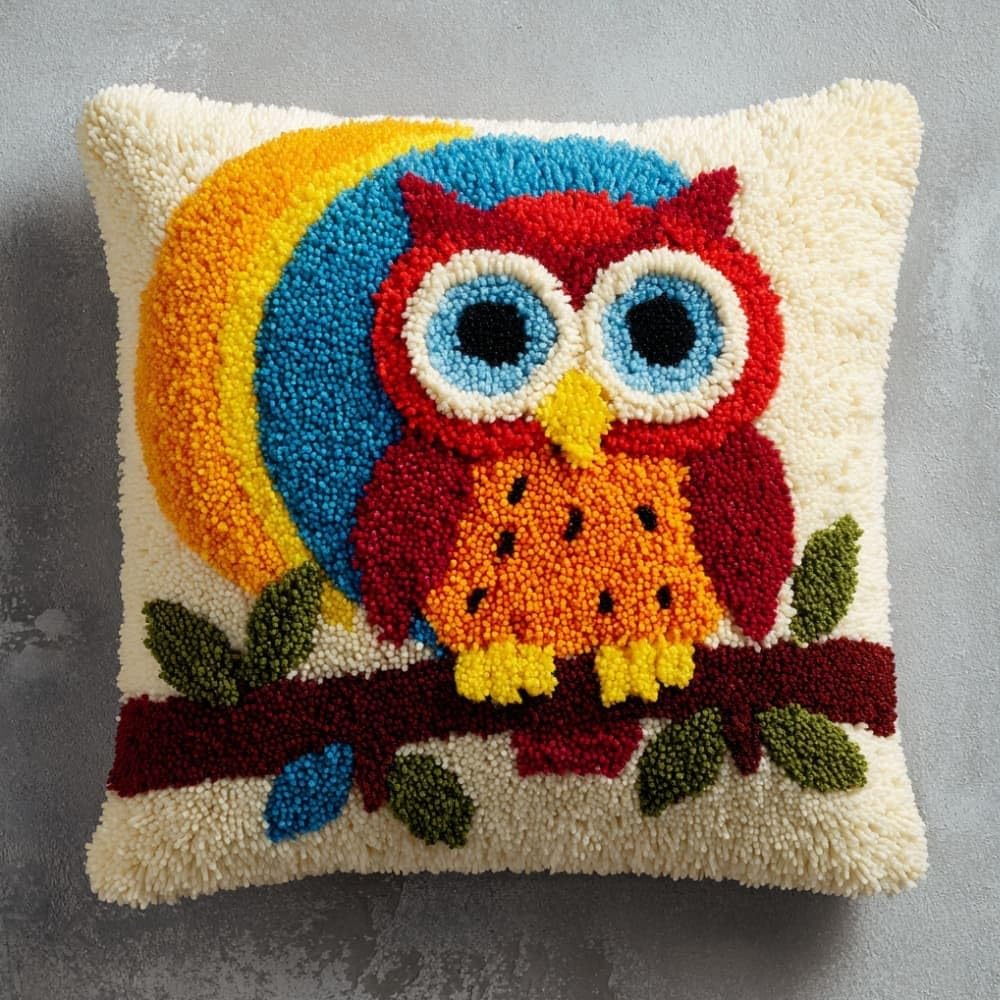 Taxpy Latch Hook Cushion Kits Owl Pillowcase Kits Embroidery Kit 17X17 Inch DIY Needlework Pillow Cover Sofa Cushion Rug Making