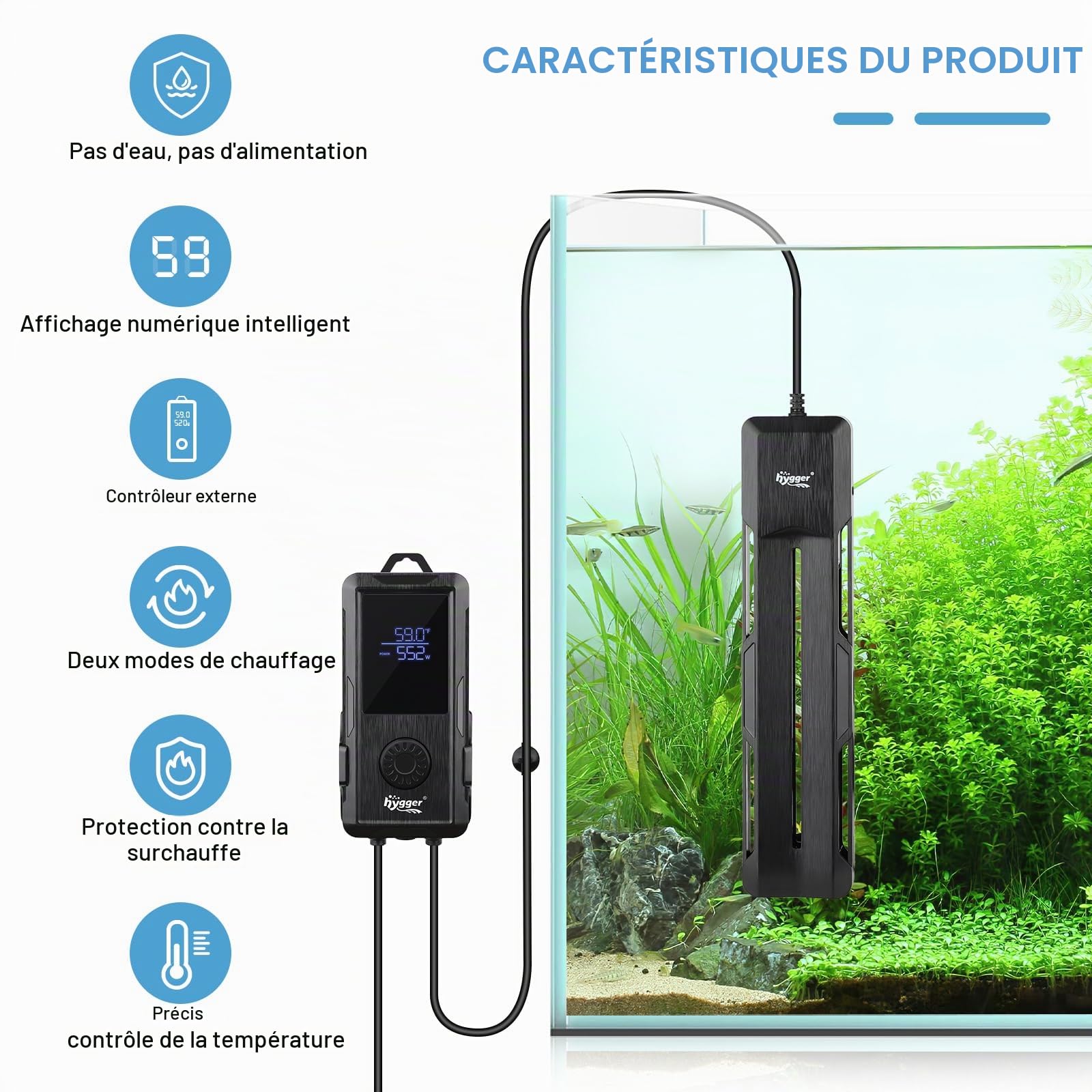 hygger Chauffage Aquarium Thermoplongeur Chauffe Eau,1000W Submersible Chauffage pour Aquarium Température Réglable avec Contrôleur d'affichage Numérique LED