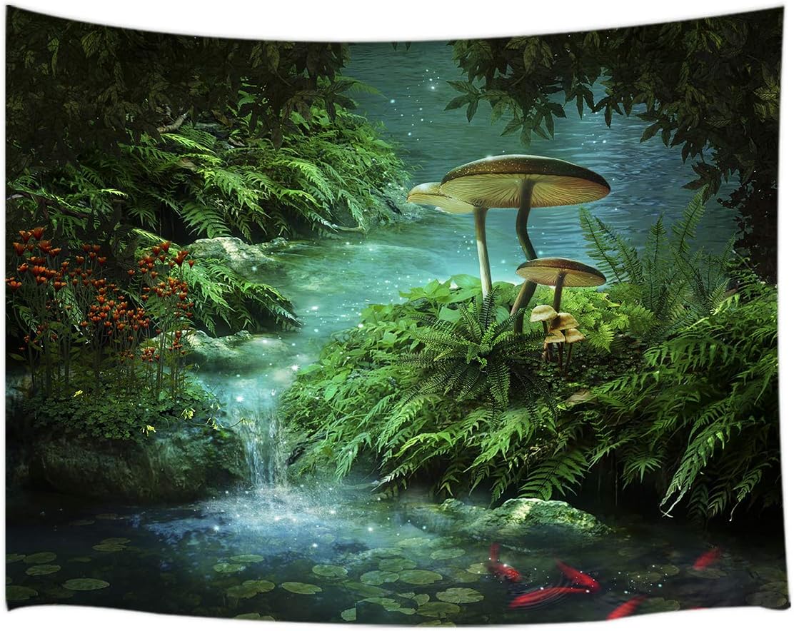 KOTOM Fantastic Forest Tapestry, River and Pond with Red Fishes and Mushrooms in Jungle, Wall Art Hanging Blankets Home Decor for Bedroom Living Room Dorm, 60X40 Inches
