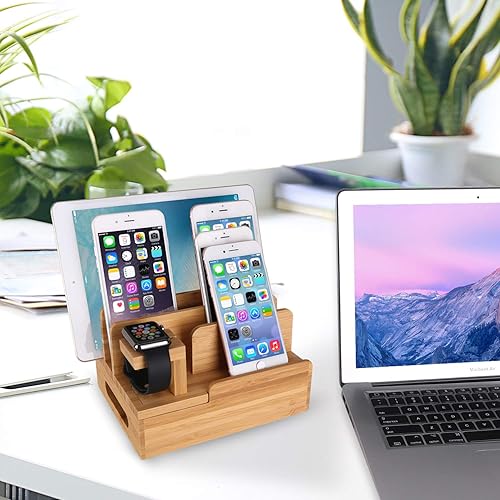Miniatura 7 de Estación de carga de escritorio multidispositivo de madera de bambú Soporte de cargador compatible con iPhone 16 15 14 13 12 11 Pro Max iPad mini