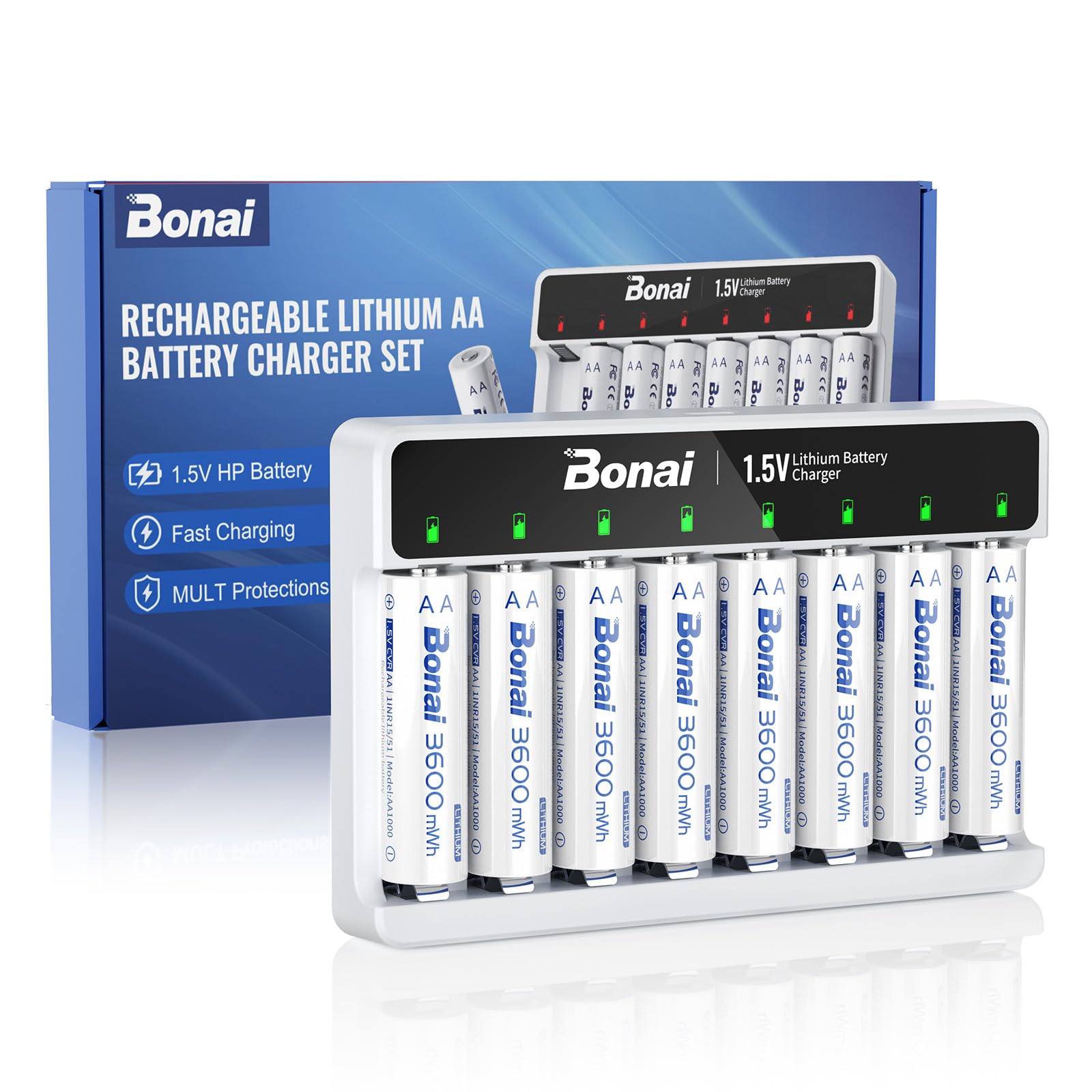 BONAI AA Lithium Batterie Ricaricabili 1,5V 3600mWh 8 Pezzi Pile Ricaricabile Al Litio AA con Caricabatterie Ricarica Rapida Type-c Adatto per Telecamere, Serrature Intelligenti, Torce Elettriche, ecc