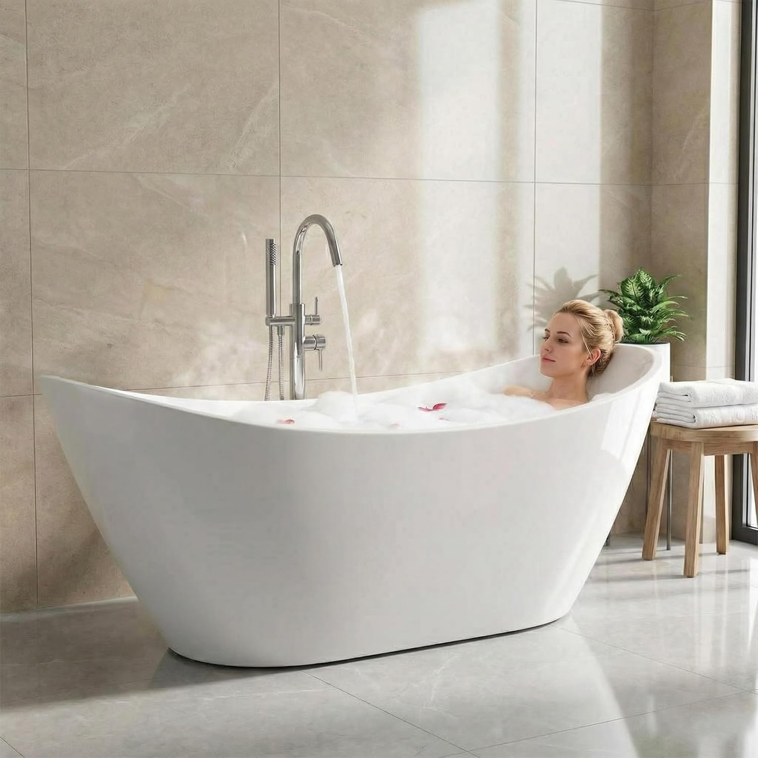 59 inch acrylic freestanding bathtub, deep soaking tub with non-slip base, cupc certified free standing tub, chrome drain bath tub, modern tub for bathrooms, white pearl white&white 59 inch