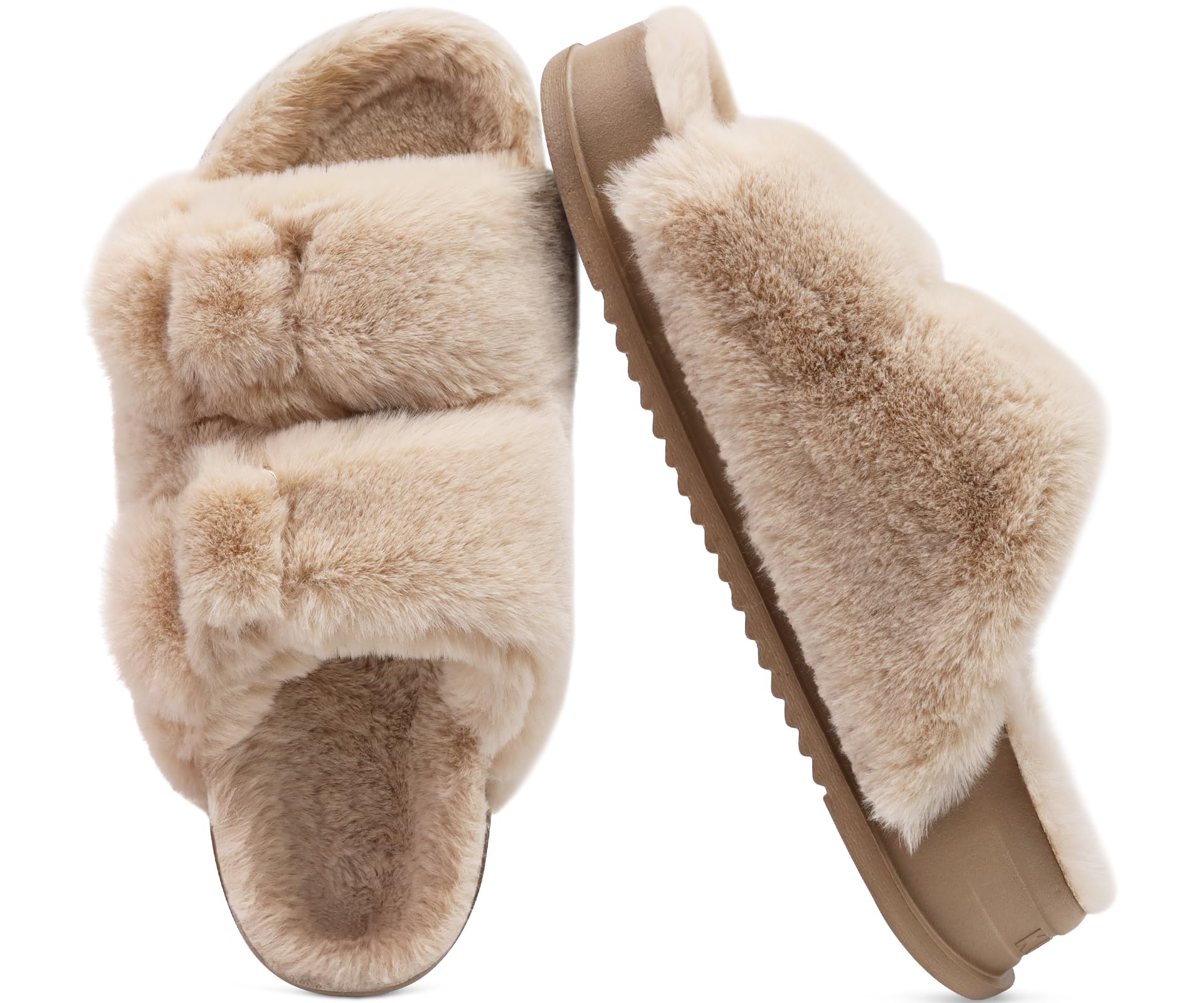 KuaiLu Women's Fluff Slippers Plantar Fasciitis Arch Support Platform Slippers Ladies Fashion Open Toe Faux Fur Sliders Womens House Slipper Size 6-12