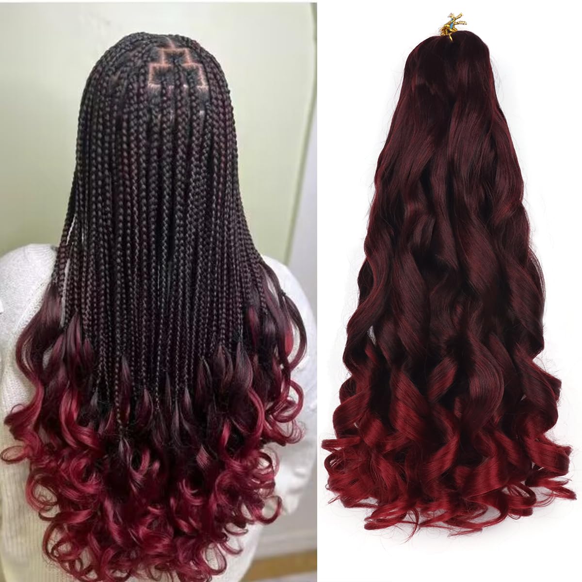 French Curly Braiding Hair 18 Inch 8 Packs Curly Braiding Hair Pre Stretched for Box Braids French Curls Crochet Braids Bouncy Loose Wavy Braiding Hair Extensions(18 Inch, Black mixed Burgundy ）