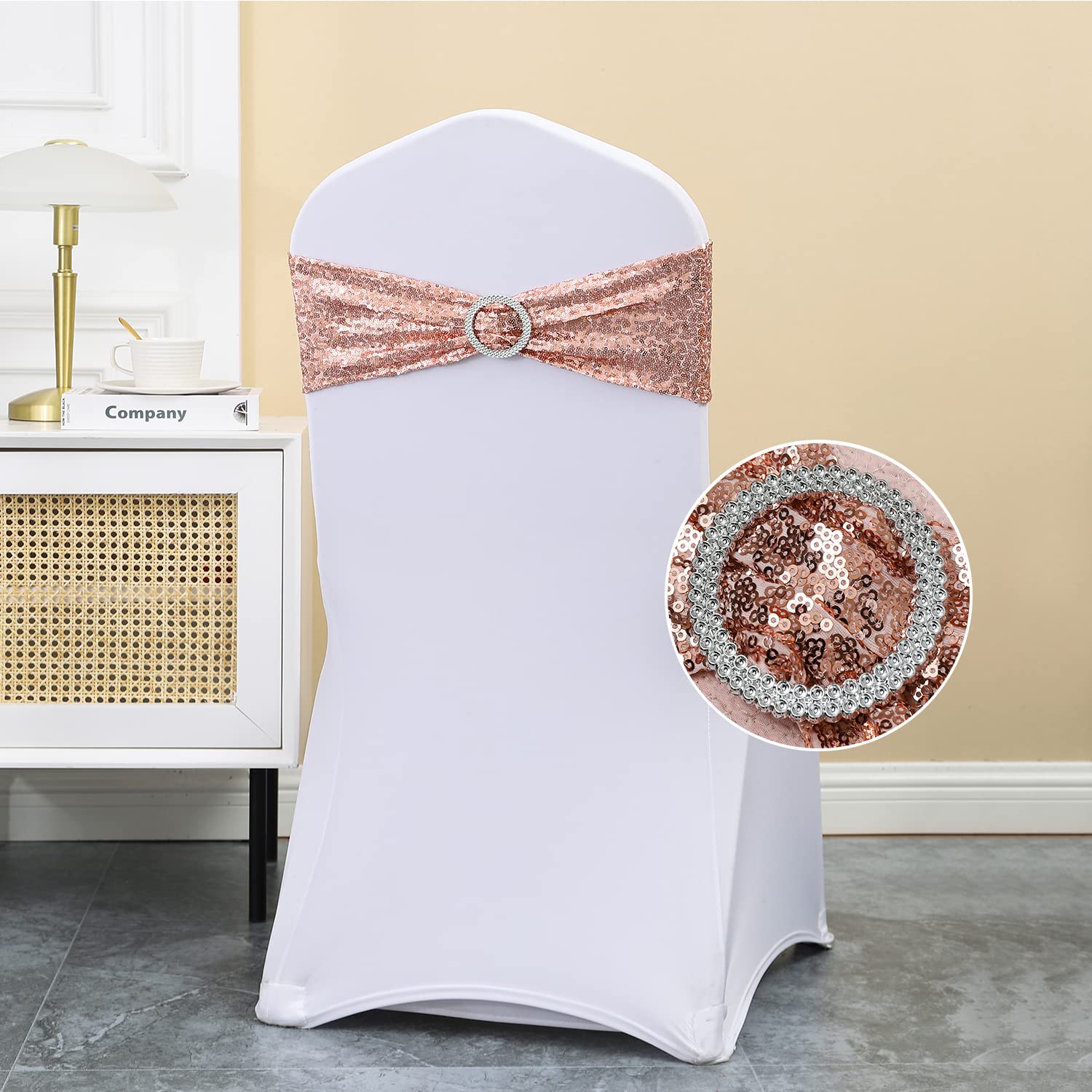 Zestaw 100 sztuk dookoła cekinów, różowe złoto, szarfy na krzesło do dekoracji ślubnych, cekiny, opaski na krzesła z klamrami, na imprezę, baby shower, różowe złoto, cekiny, spandeks, szarfy na