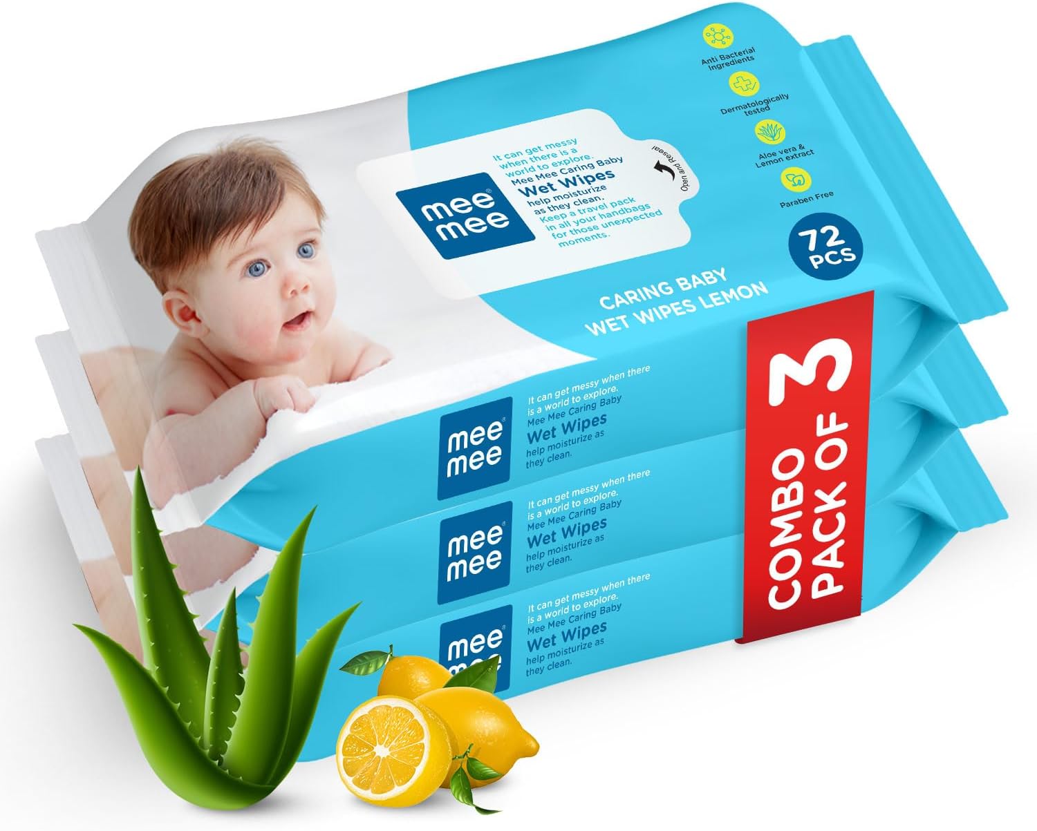 Wet Wipes for Baby Skin with lemon & Aloe Vera | 72 Wipes x Pack of 3-216 Wipes | Paraben Free, Fragrance Free, pH Balanced, Dermatologically Safe, Baby Wipes Combo