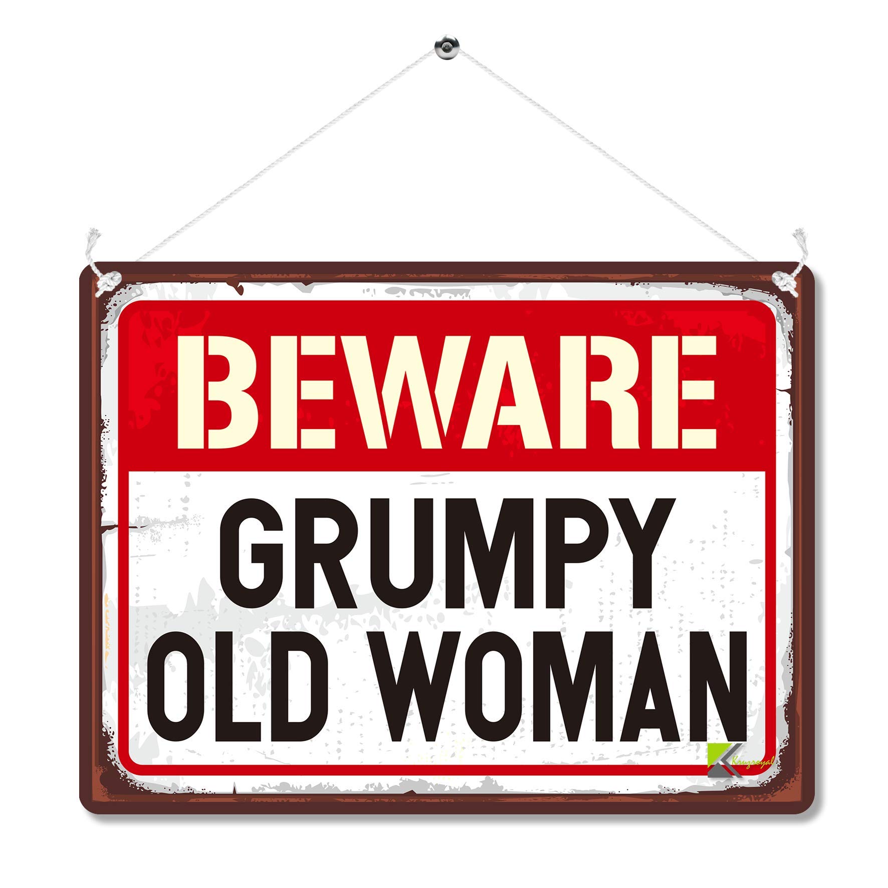 Kruzroyal MP138 Beware Grumpy Old Woman Funny Novelty Retro Vintage Metal Wall Sign Plaque 20cm x 15cm
