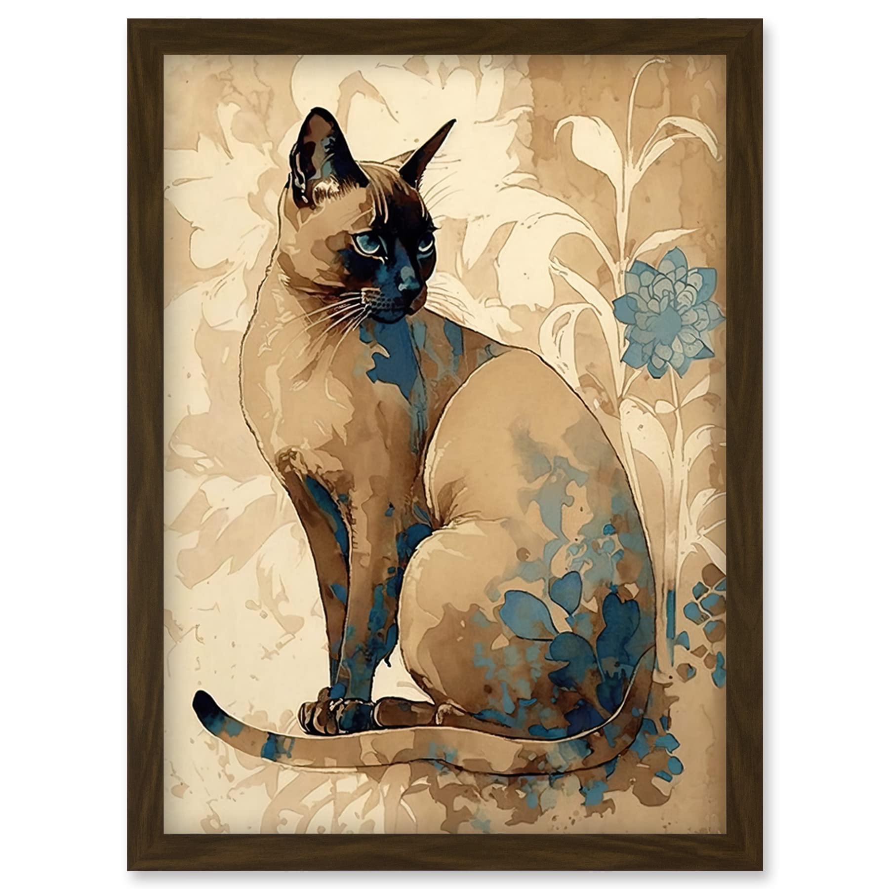 Artery8 Tonkinese Cat with Blue Flower Modern Watercolour Illustration Artwork Framed Wall Art Print A4