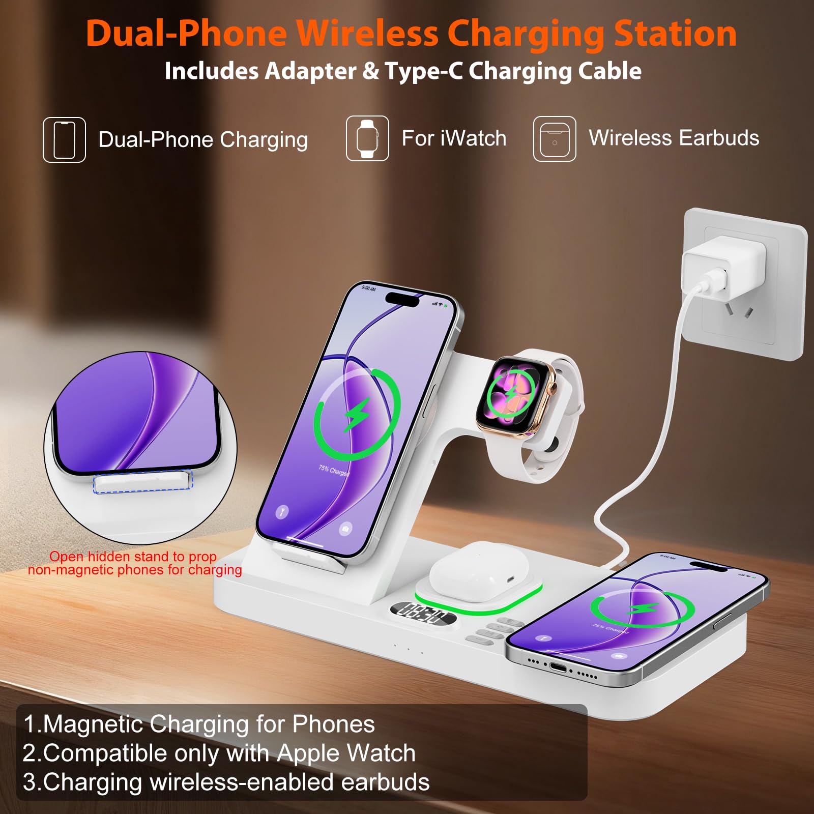 Station de charge magnétique sans fil double pour appareils Apple, éclairage automatique 7 couleurs et horloge 12 h, chargeur multi-appareils pour iPhone 17/16/15, pour iWatch 11/10/9 et