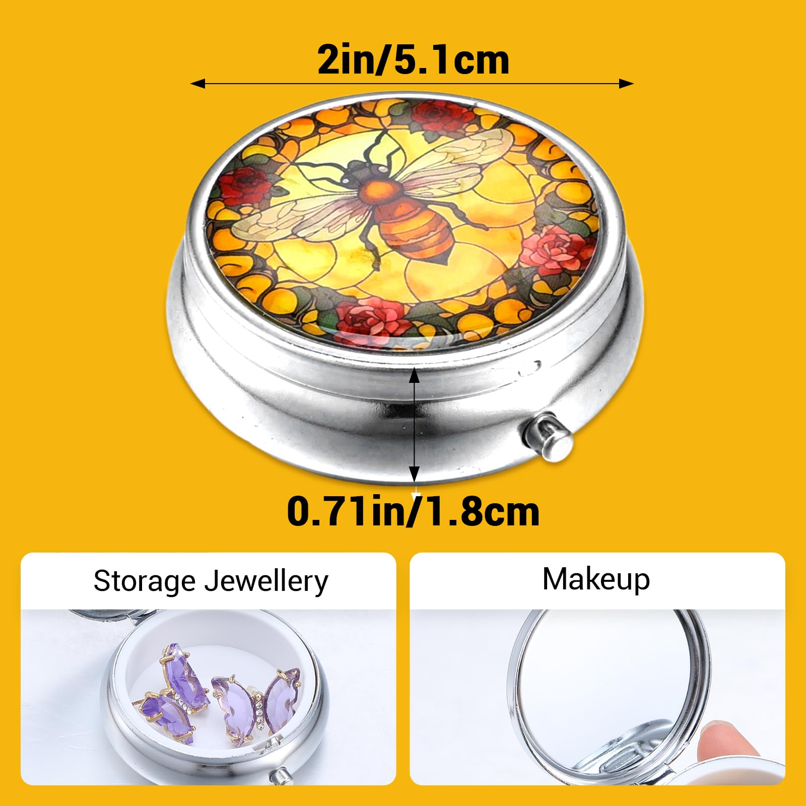 Sibba 2Pcs Portable Medicine Pill Case Moisture Proof Pocket Pill Organizer Dispenser Cute Compact Nice Tablet Box Bee&Butterfliy Medicine Pills Box Metal Pillbox with Mirror for Vitamins, Fish Oil