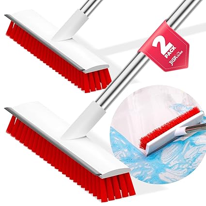 JIGA Floor Scrub Brush with Long Handle, Stiff Bristle Brush Scrubber, Cleaning Brush for Deck, Bathroom, Tub, Tile, Grout, Kitchen, Swimming Pool, Patio, Garages, Red