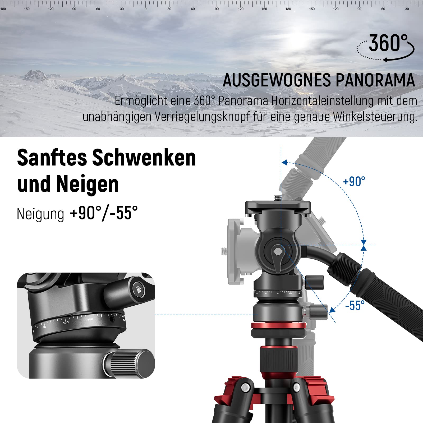 NEEWER Stativ Fluidkopf mit +/-10° Nivellierbasis, Metall Drag Pan Tilt Kopfhalterung mit Arca Typ Schnellwechselplatte, Teleskopgriff, Reinigungstuch für kompakte DSLR Kamera/Cam, max. Last 4kg, GM27