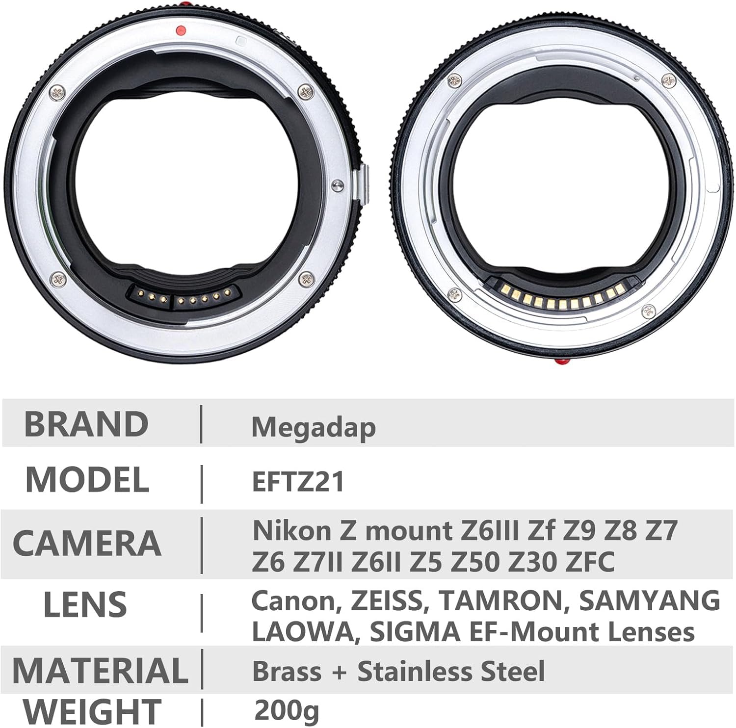 Megadap EFTZ21 - Adattatore per messa a fuoco automatica, compatibile con obiettivo Canon EF su fotocamera Nikon Z Mount ZFC Z9 Z8 Z7II Z7 Z6II Z50