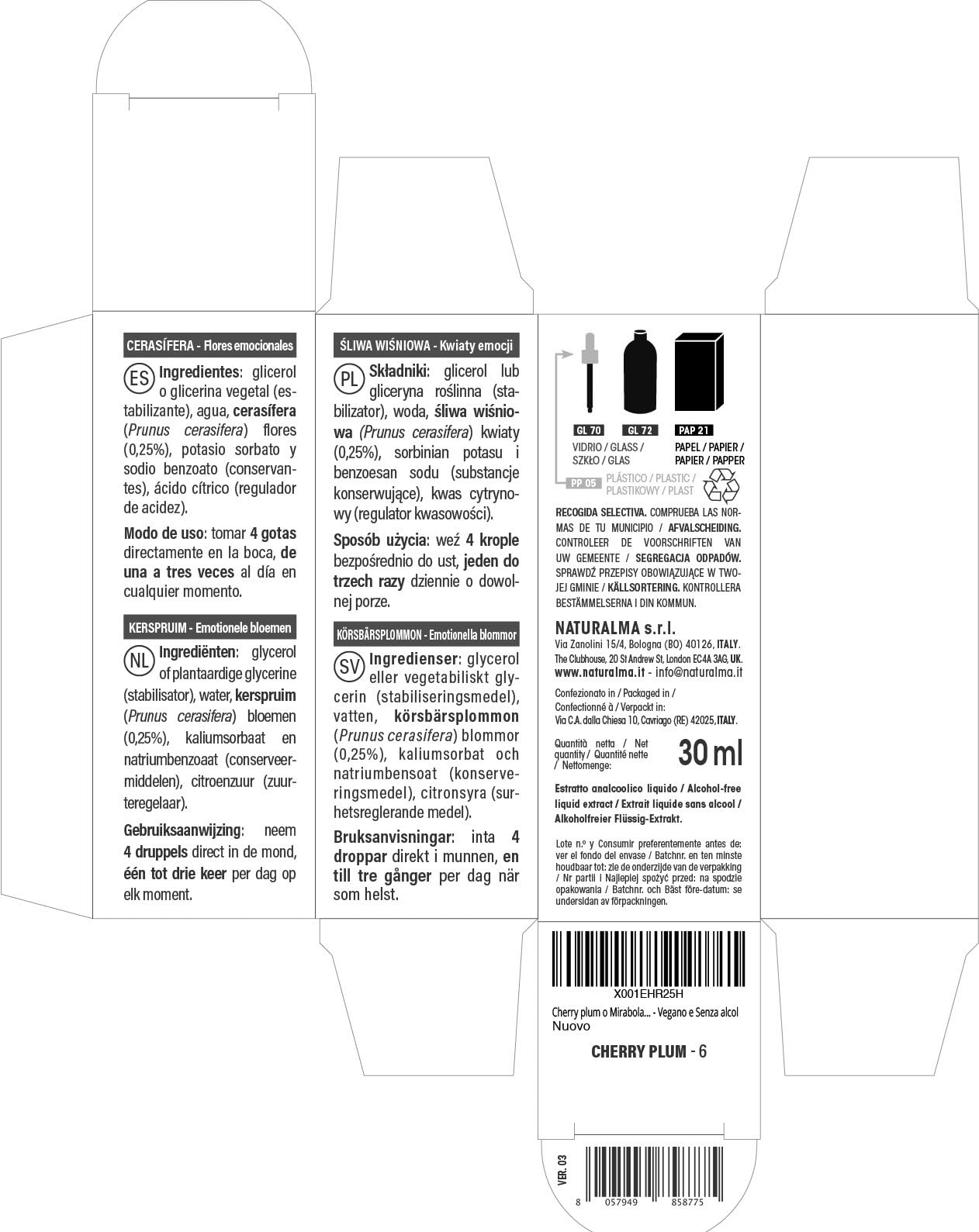Cherry plum lub Śliwa wiśniowa (Prunus cerasifera) Kwiaty emocji lub Kwiaty Bacha Naturalma - Krople 30 ml - Płynny ekstrakt bezalkoholowy - Esencje kwiatowe - Wegański