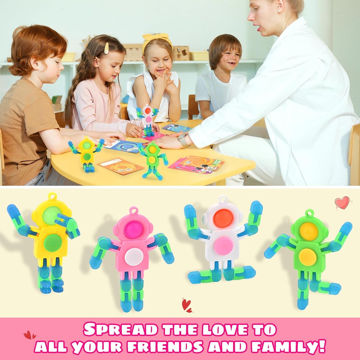 28 Pack Valentines Day Gifts for Kids — Space Astronaut Robot POP Fidget Spinner Toys with Cards for School Classroom Exchange, Party Favors & Game Prizes, Boys Girls