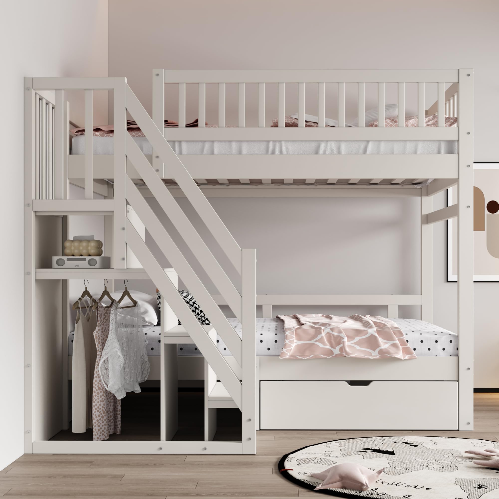 Soweiz Lettino per bambini 90 x 200 cm, in legno massello con rete di sicurezza elevata, con rete a doghe, scala di sicurezza con vano portaoggetti, letto per ragazzi (bianco)