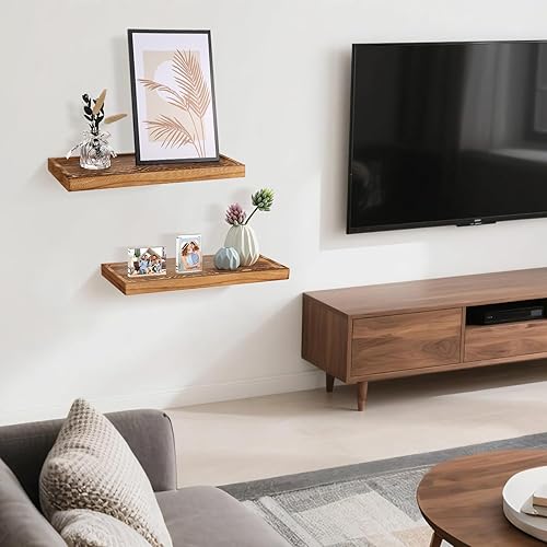 Miniatura 7 de Estantes flotantes de madera maciza de 16 pulgadas, estantes de exhibición de madera rústica con ranuras, juego de 2 estantes para decoración del
