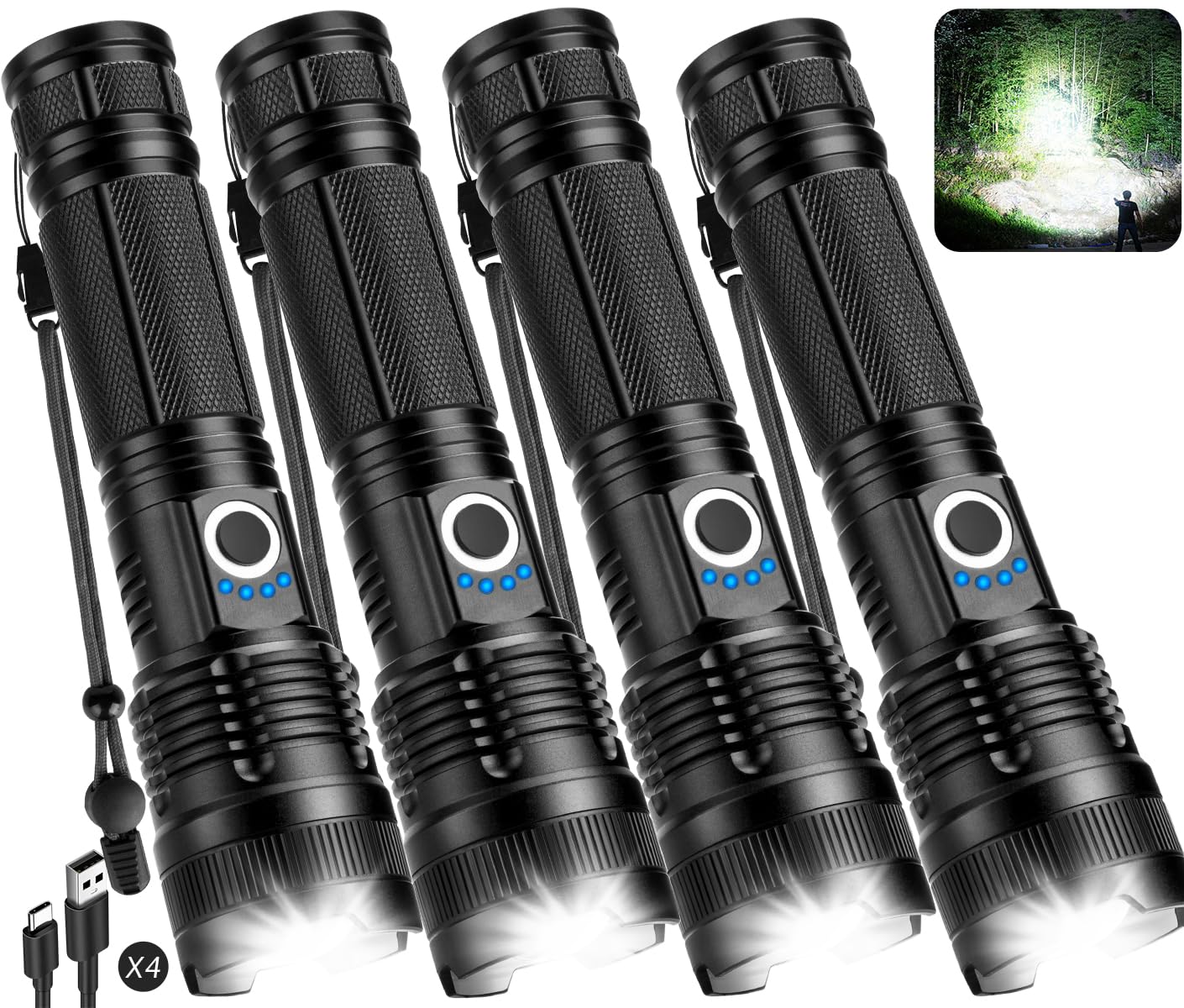 Kmivo Paquete de 4 linternas recargables de alto lúmenes, luz LED superbrillante para el hogar