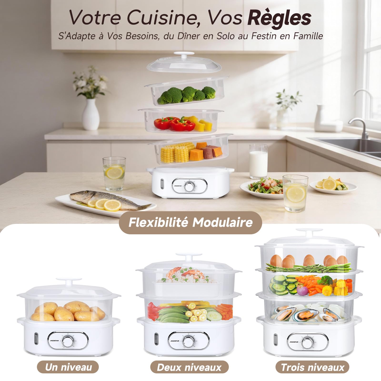 Aigostar Cuiseur Vapeur Electrique 12L 900W 3 Récipients Empilables Minuterie 60 Minutes Sans BPA