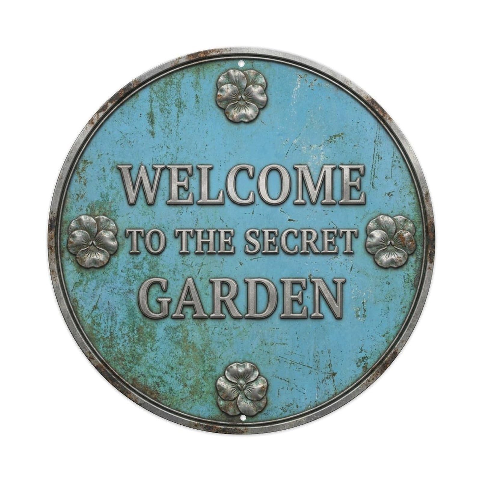 Vintage Welcome Secret Garden Pewter Cerulean Pansy Metal Tin Sign