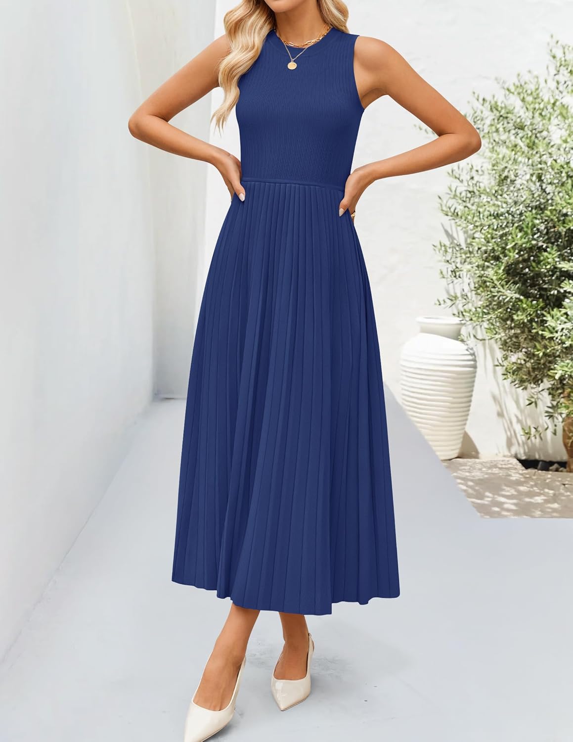 ZESICA Women's 2026 Summer Sleeveless Midi Dresses Casual Crewneck Ribbed Knit Pleated A Line Swing Long Party Dress - Image 7