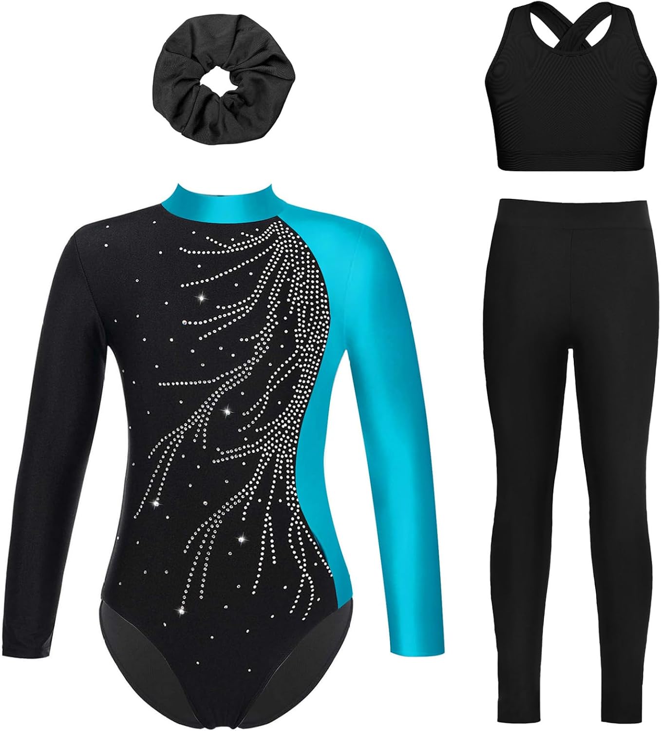 Gymnastics Leotard for Girls Long Sleeve Rhinestones Unitard Tumbling Outfit with Vest Leggings Hairband