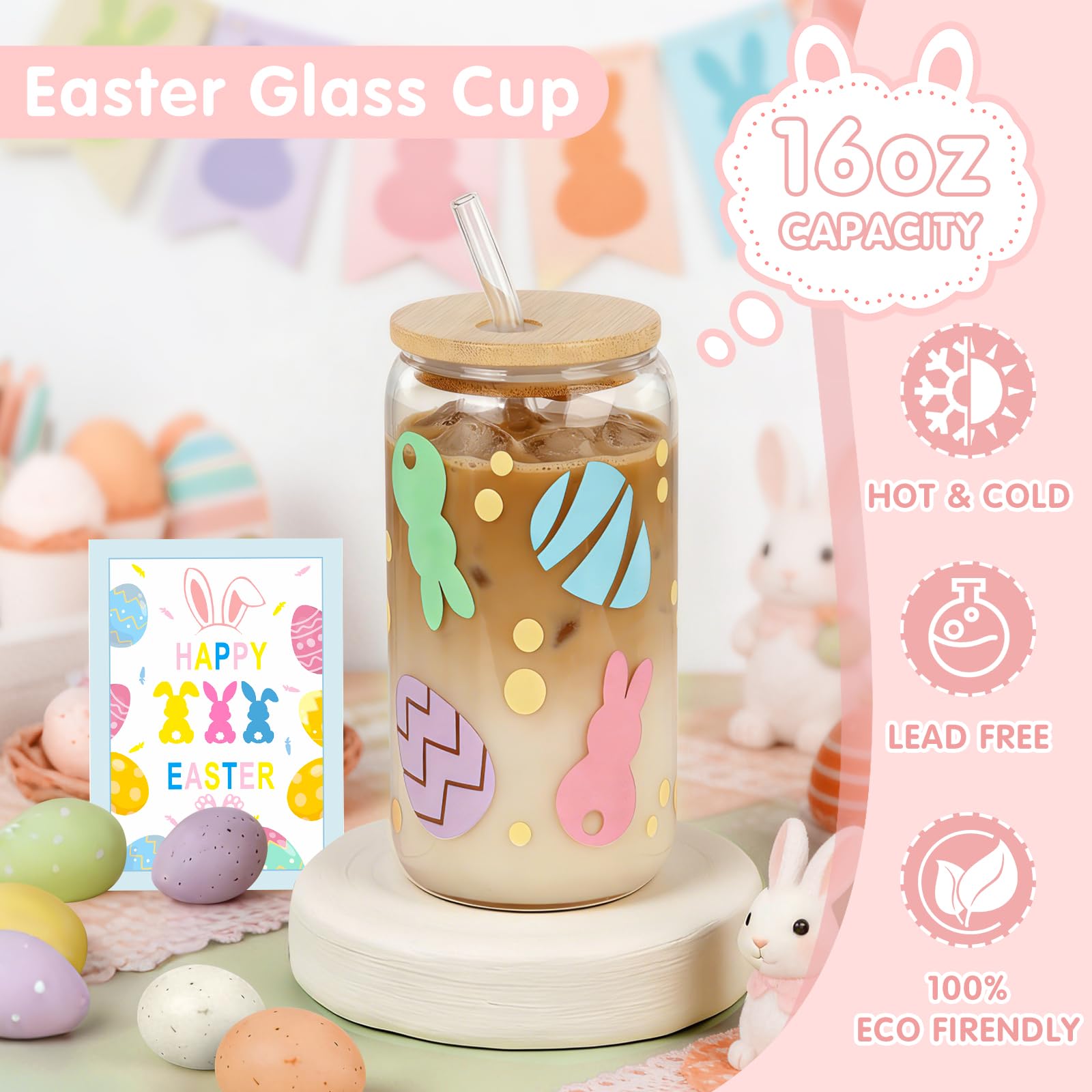 Easter Gifts for Teens Girls Women Adults,7 PCS Bunny Gifts Set with Iced Coffee Cup,Bracelet,Socks,Bag,Hair Clip & Scrunchy,Perfect Easter Basket Stuffers for Teens Girls Adults