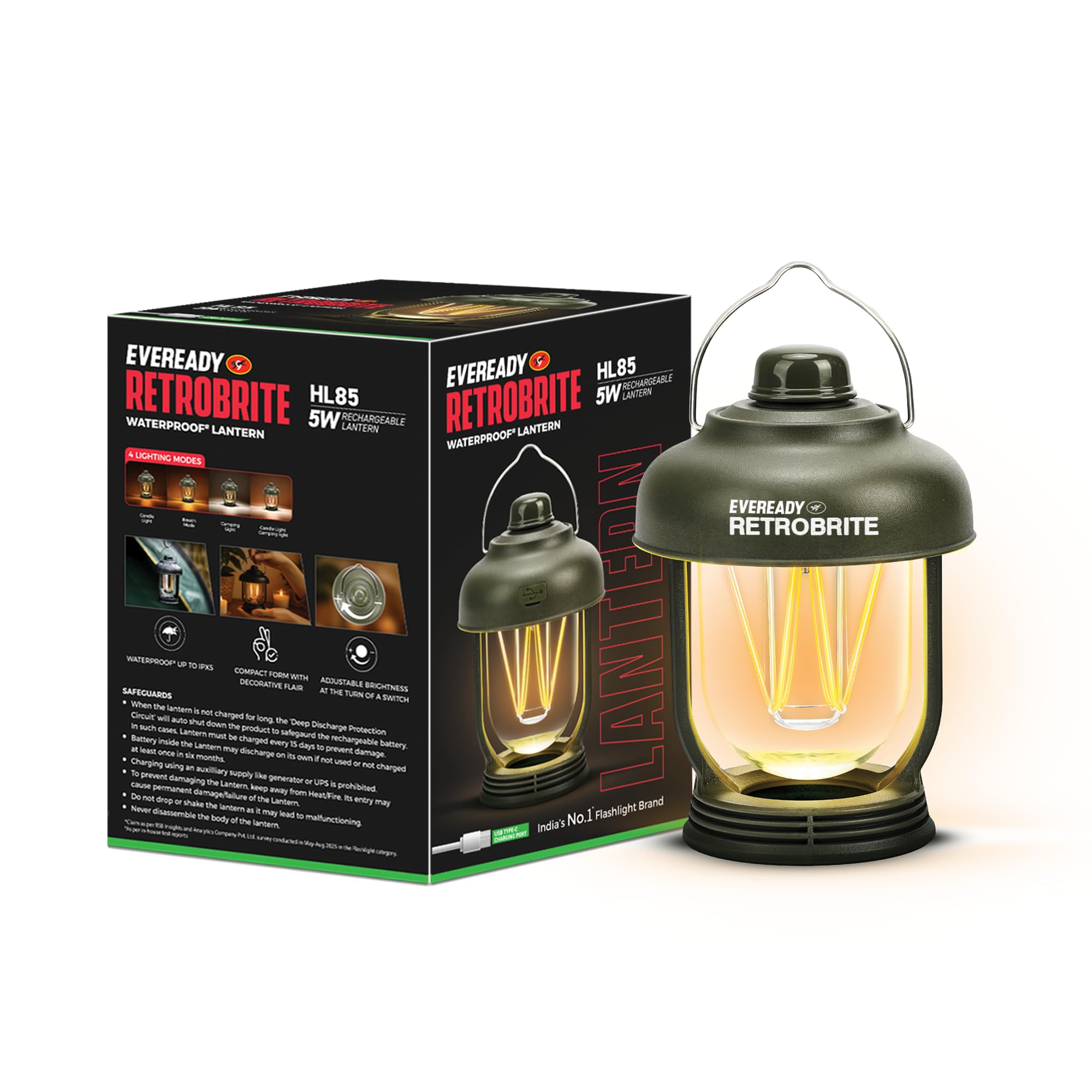 Eveready Retrolite HL85, Rechargeable Emergency 5W LED Lantern, 4 Lighting Modes, Lightweight & Travel-Friendly, USB Type-C Charging, Waterproof, Overcharge & Deep Discharge Protection-image-27