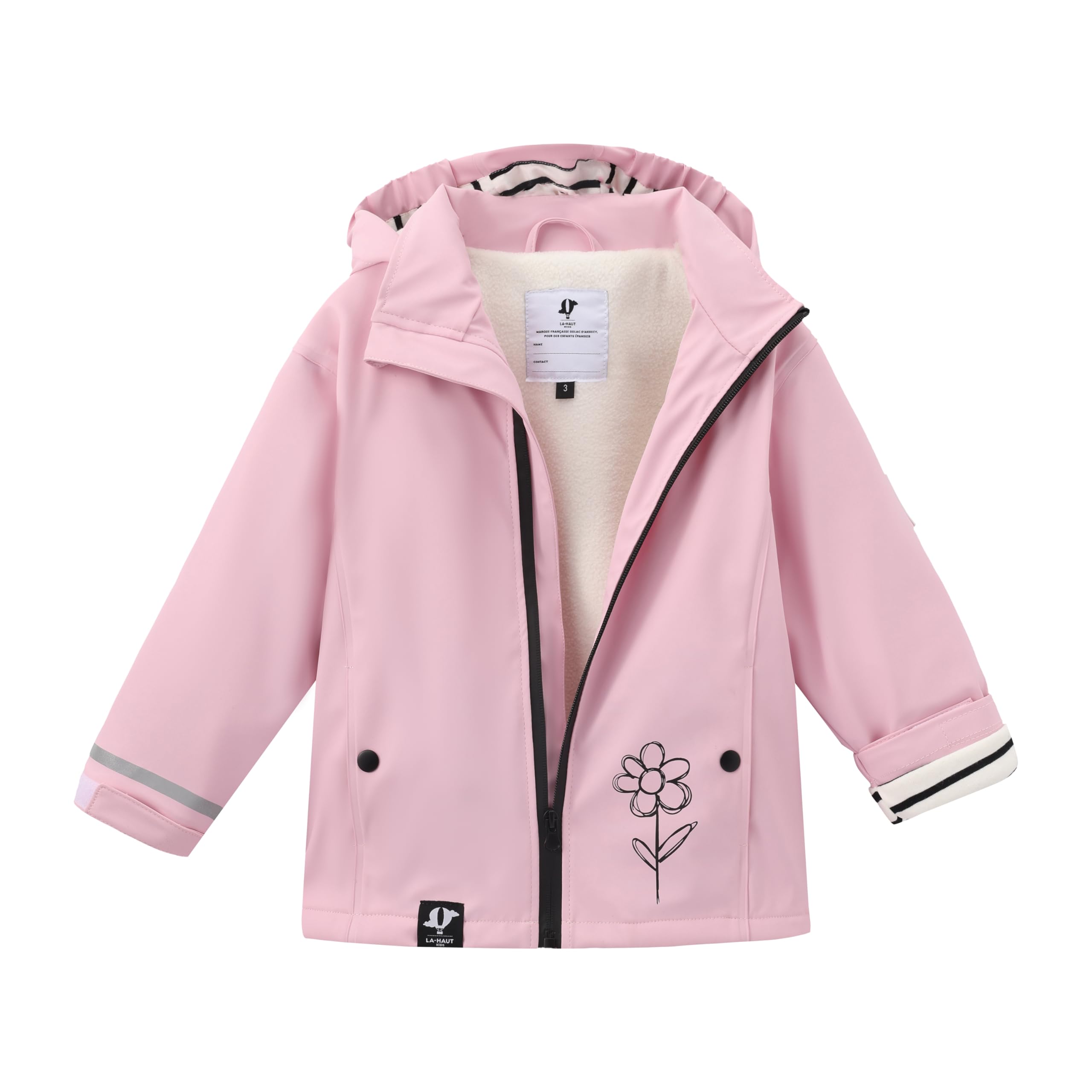 Ciré Imperméable 2 à 5 ans intérieur polaire fleece unisexe fille garçon avec Doublure Rayée sur capuche, Fermeture Éclair waterproof, Matière PU recyclable et minimisée de pollution