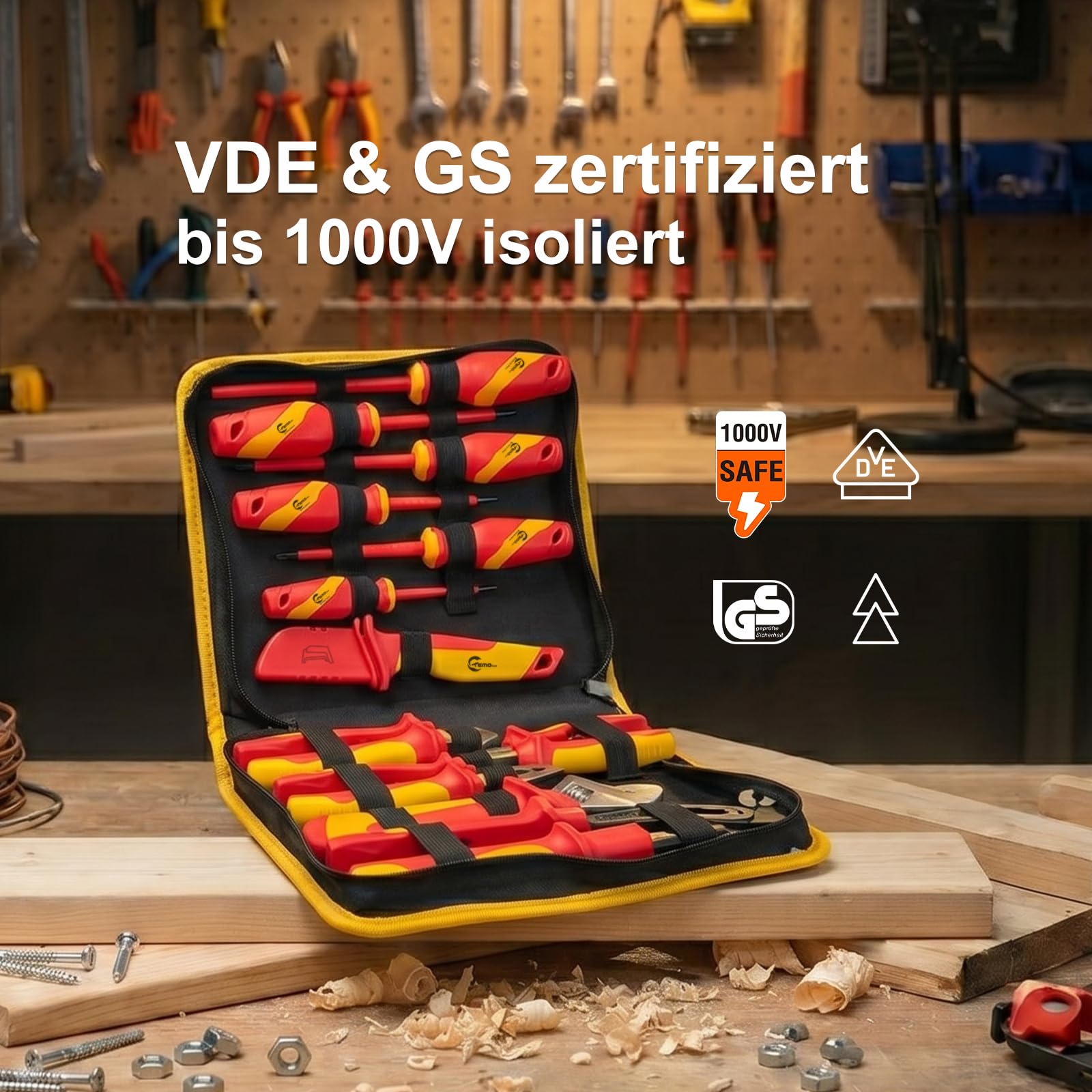 VDE - Juego de herramientas para electricista (1000 V, 12 piezas, con destornillador, juego de alicates, cuchillo de electricista y llave inglesa, con bolsa para guardar en negro)