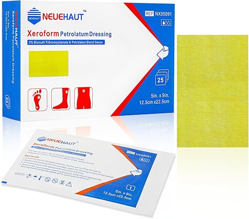 Xeroform - Aderezo de vaselina de 5 x 9 pulgadas, paquete de 25, almohadilla de gasa de malla fina no adherente para heridas de bajo exudado,