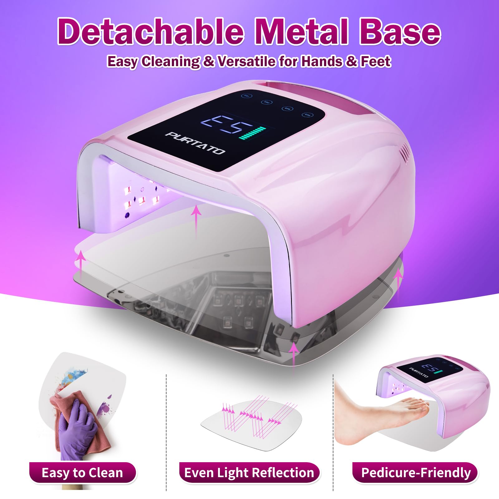 Purtato Luz UV LED recargable profesional de 96 W portátil inalámbrica para máquina de lámpara de uñas con parte inferior de acero inoxidable extraíble, 4 ajustes de temporizador y secador de uñas con