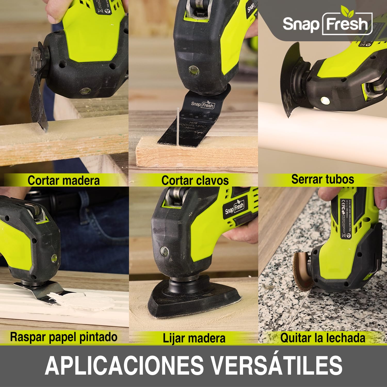 SnapFresh Herramienta oscilante inalámbrica, multiherramienta de 20 V con 6 velocidades, ángulo de oscilación de 3,2°, 22 accesorios, batería de 2,0 Ah y cargador rápido, kit de herramientas para