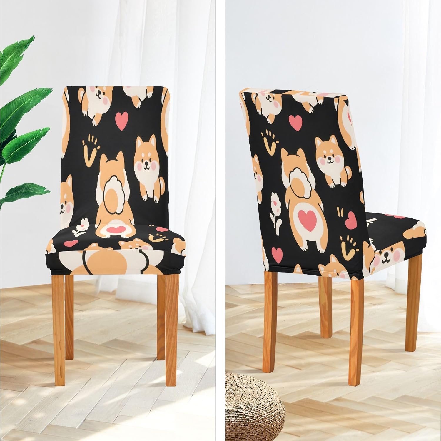 ALAZA Chair Covers for Dining Room, Corgi Flower Heart Pattern Stretch Chair Cover Sets Chair Protector Removable Washable for Ktichen Restaurant Hotel