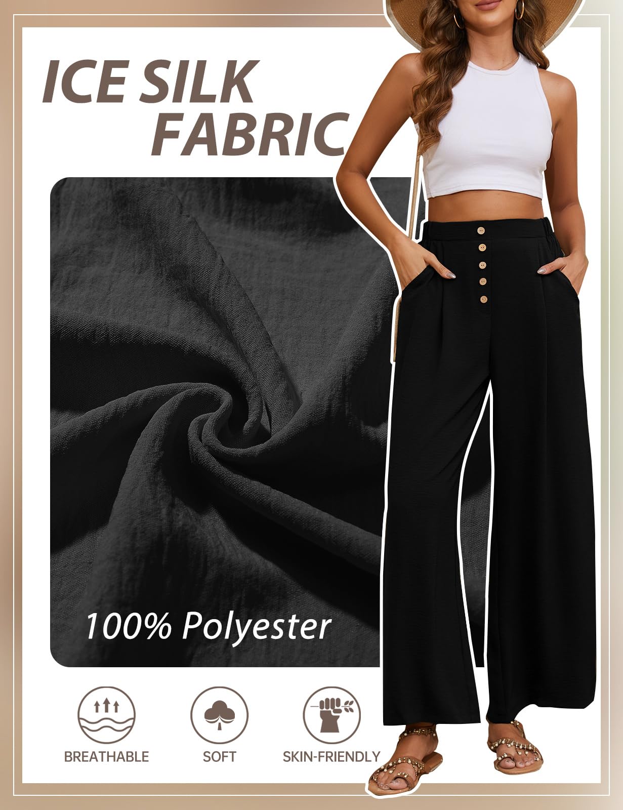 Heekpek Pantalon Large Fluide pour Femmes - Détente Léger d'Été Palazzo à Taille Haute avec Boutons - Causal à Taille Élastiquée