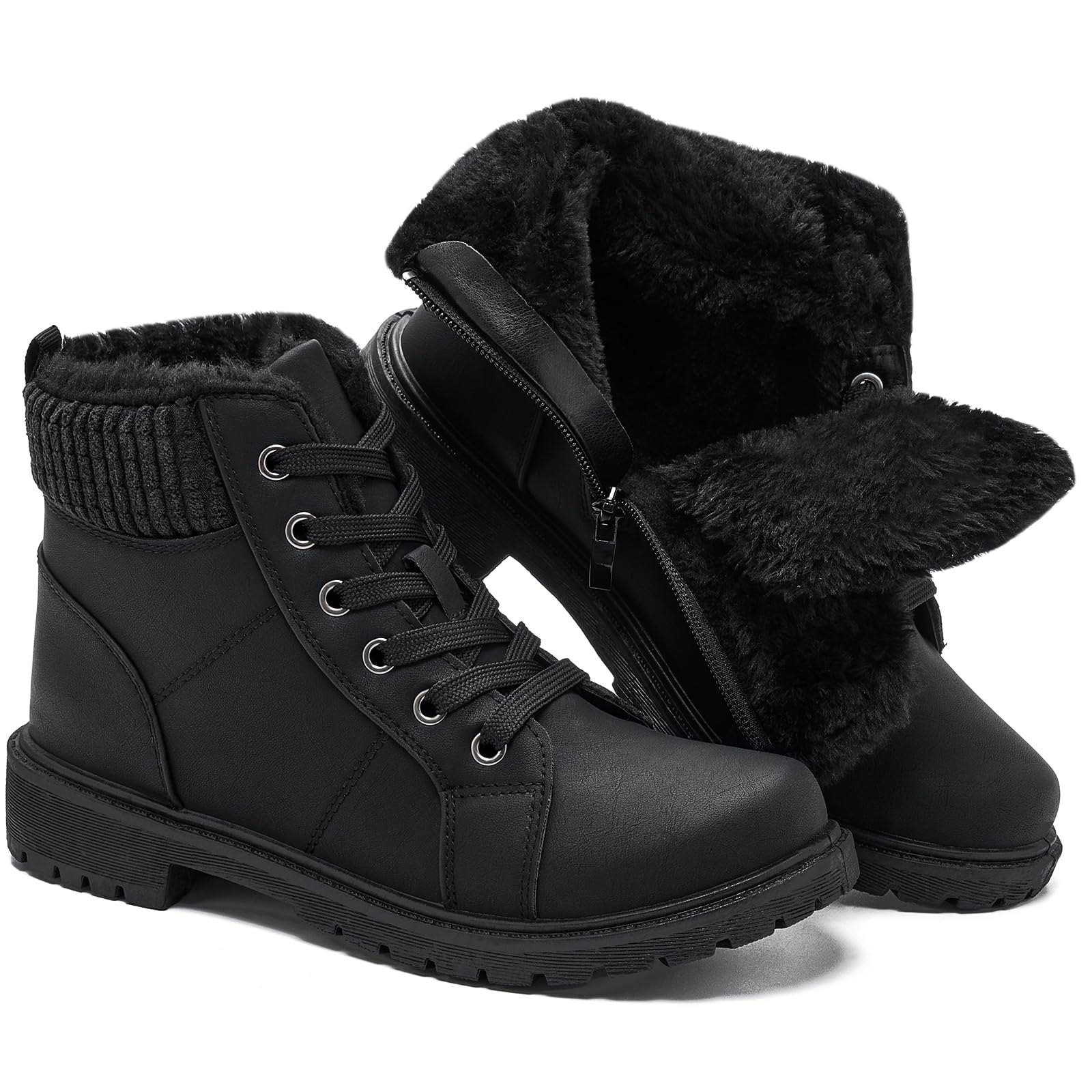 Uoidru Combat Boots For Women Ankle Booties Black Winter Snow Boots White Lace Up Boots Comfort Fuzzy Boot