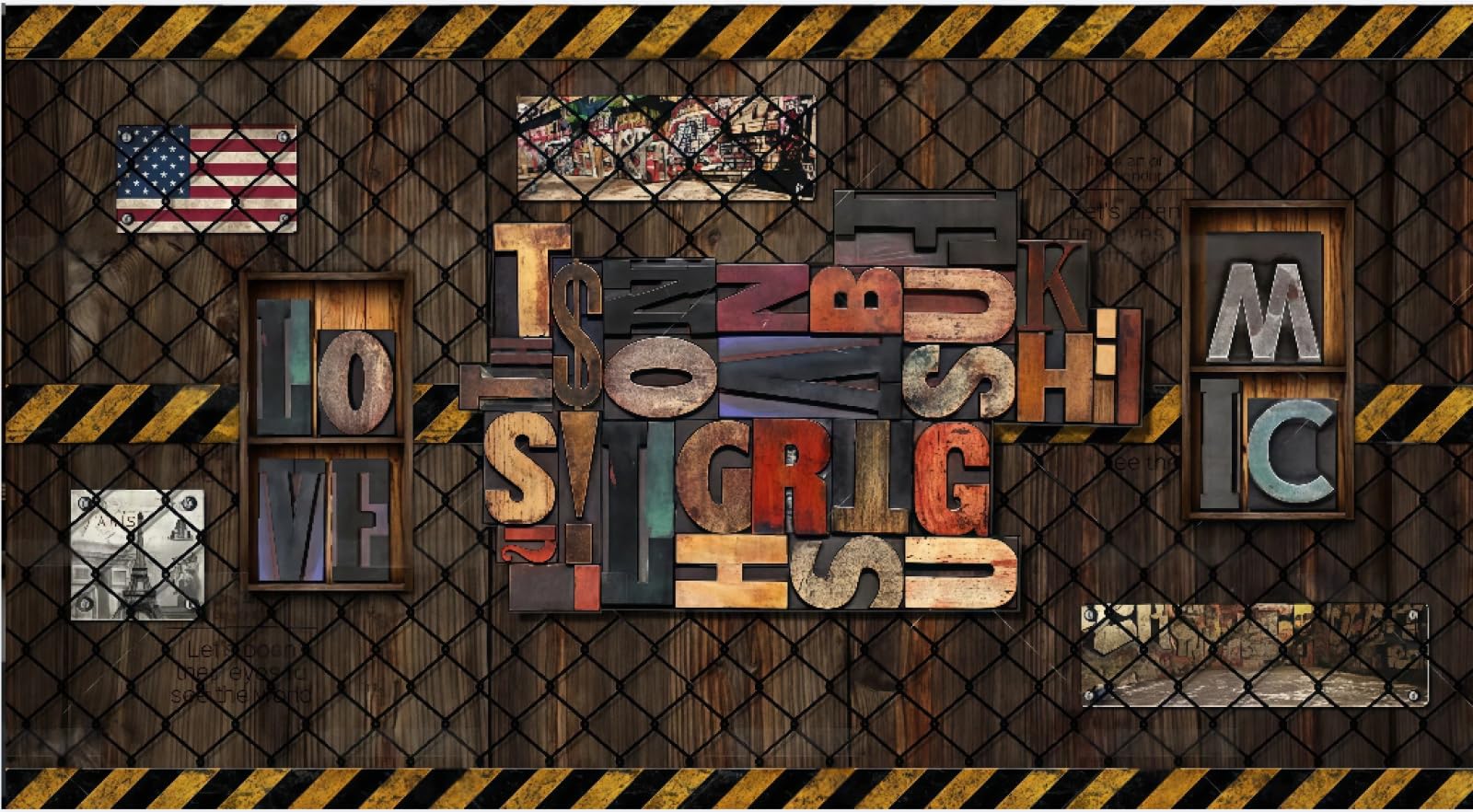 Tapeta nostalgiczny retro drut kolczasty angielskie litery muzyka bar drink sklep zachodnia restauracja tło fototapeta popołudniowa herbata kawiarnia tapeta 3D, 400 x 280 cm