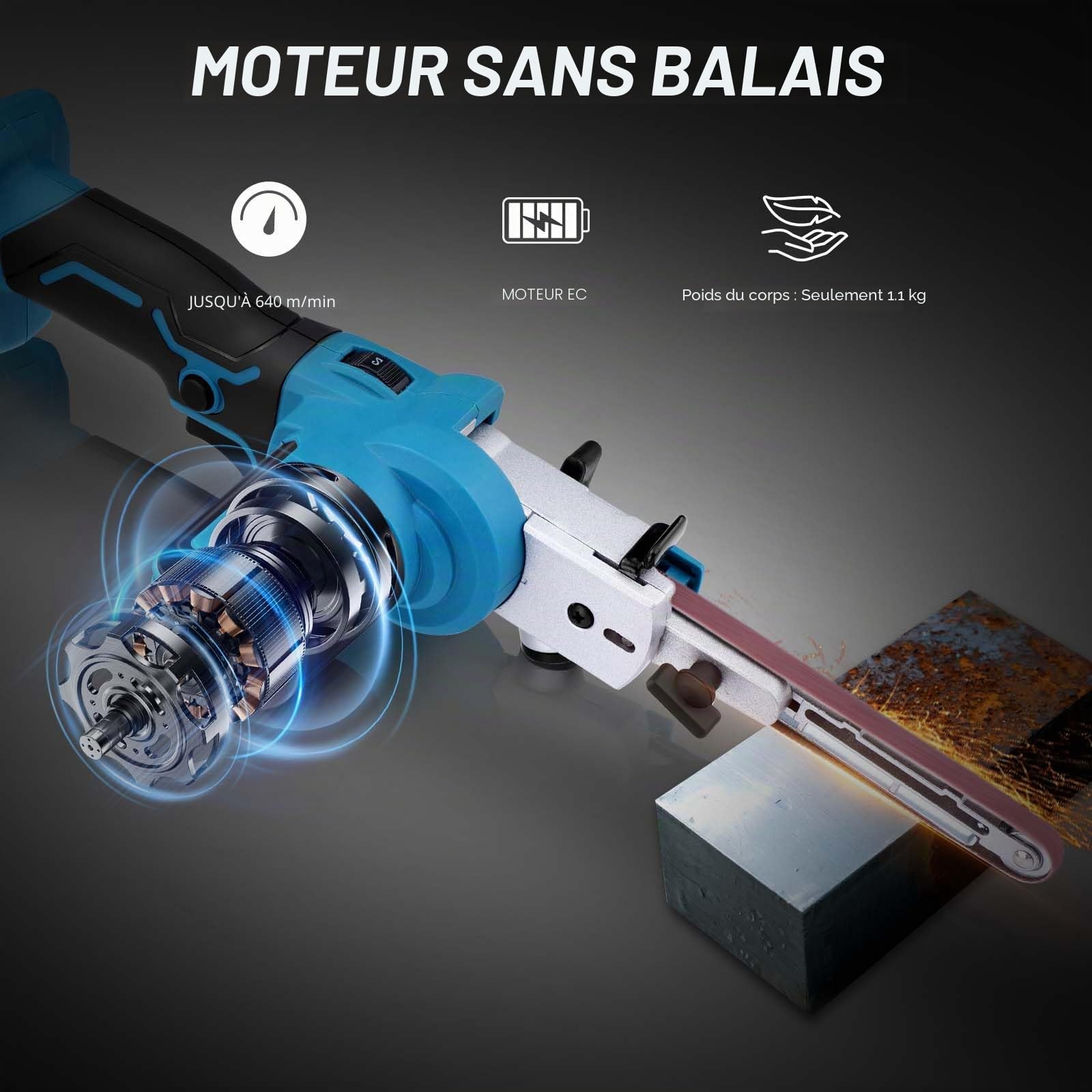 Ponceuse à Bande sans fil avec bras de ponçage de 9 mm et 13 mm | Ponceuse de Détail sans balais compatible avec Makita 18V, 6 vitesses, avec 16 bandes abrasives (40/60/80/120#) pour bois