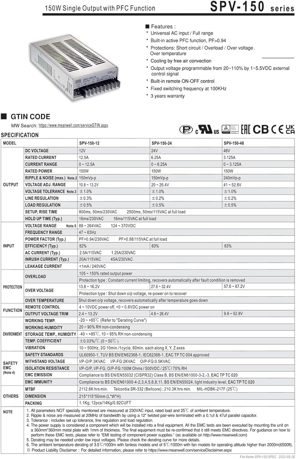 SPV-150-48 48V 3.125A 150W Single Output SPV-150 Switching Power Supply