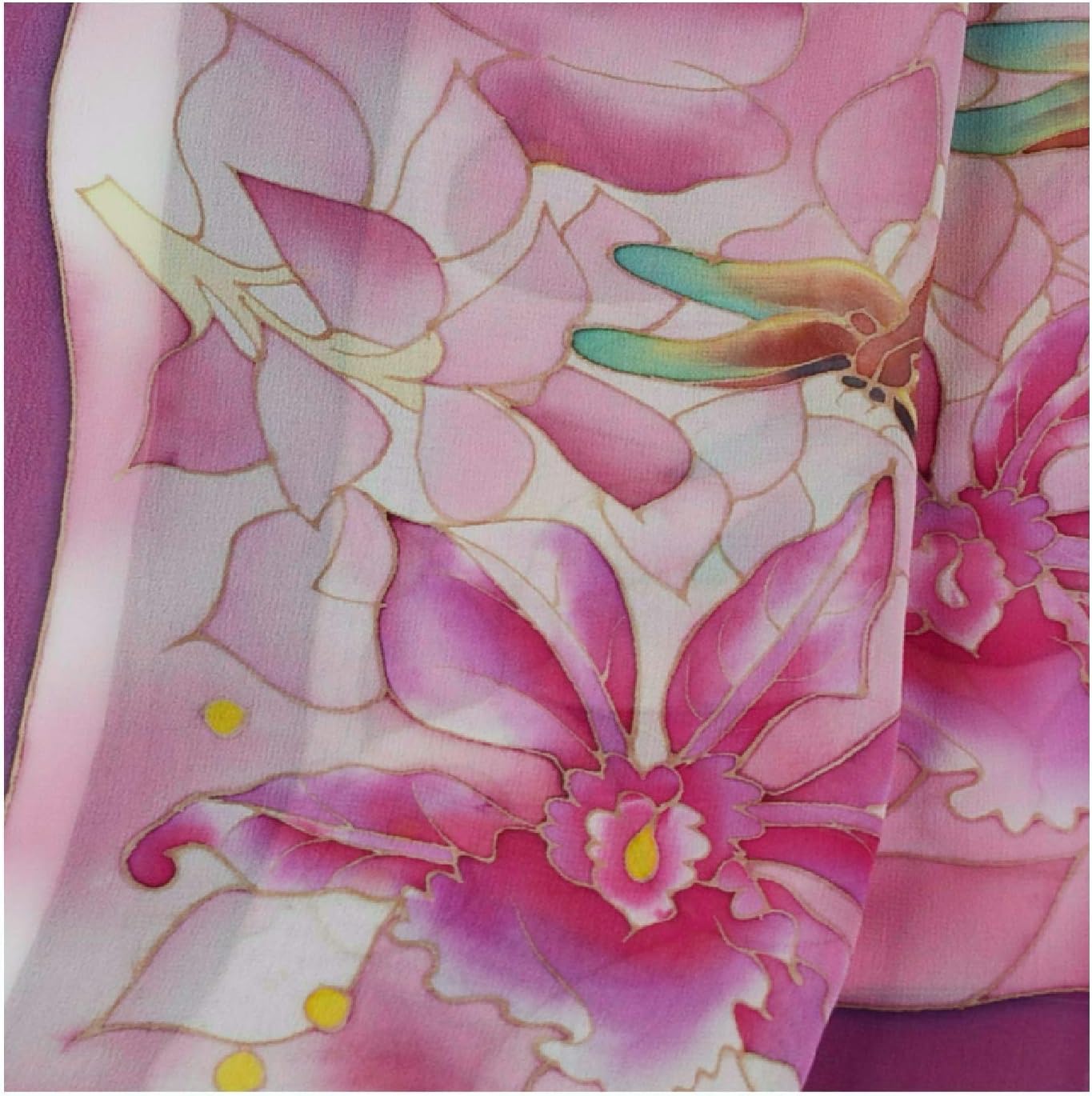 Hand Paint Pure Silk Scarf, 58" L x 13" W, Dragonfly, Multiple Purple