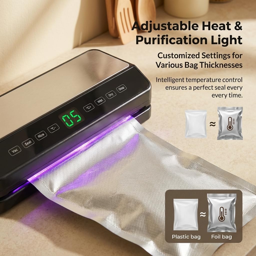 90KPa Powerful Vacuum Sealer Machine with UV Sterilization, Built-in Cutter & Roll Storage, Dry & Moist Modes, 5-Level Adjustable Sealing Temperature, External Suction Hose, 1 Roll & 10 Bags Included