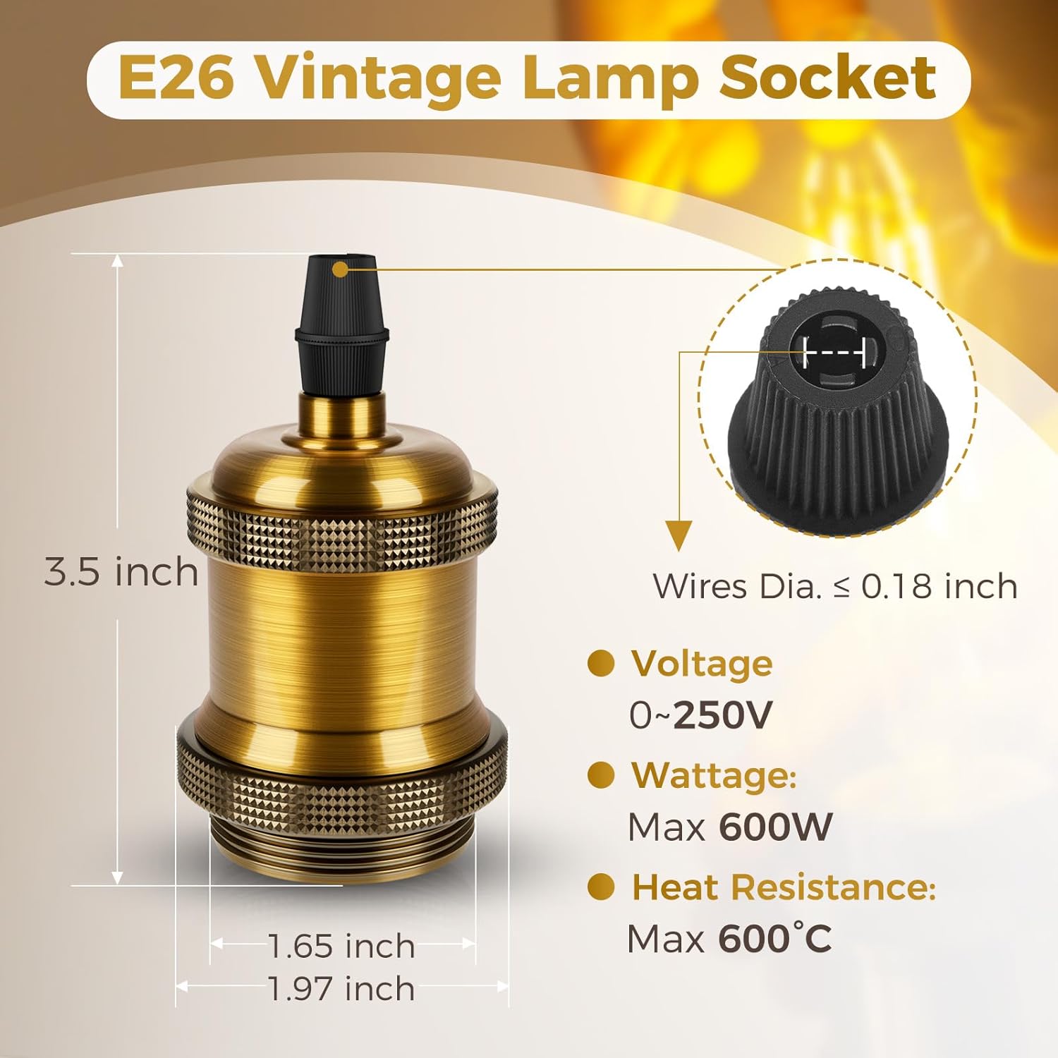 DiCUNO E26 Vintage Lamp Socket, Edison Pendant Light Socket Replacement, Antique Retro Hanging Lamp Holder for Industrial, Decorative, DIY Lighting, 600℃ Heat Resistant, 4 Packs (Vintage Brass Color)