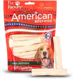 Pet Factory American Beefhide Mini Rolls Dog Chews 3-3.5" Natural Rawhide Treats 14 Count - Dental Health for Small Dogs