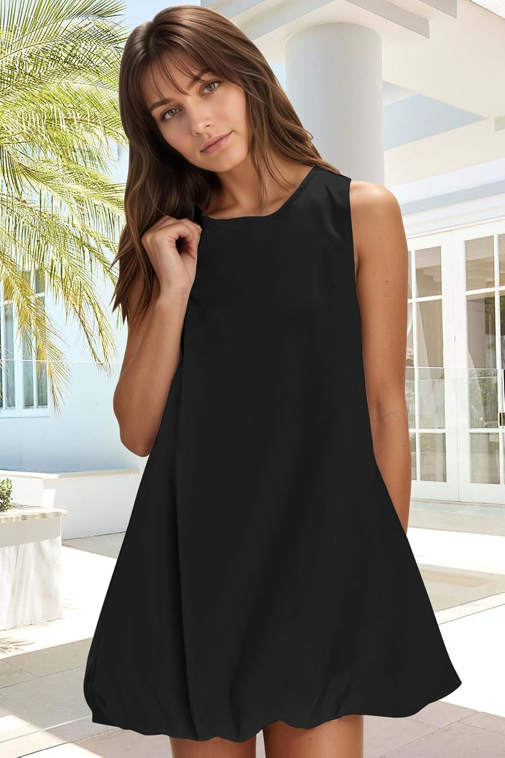 COCOMARTS Dress for Women Summer Casual Linen Mini Dresses Sleeveless Crew Neck Bubble Keyhole Tie Back Vacation Sundress Black Small - Image 5