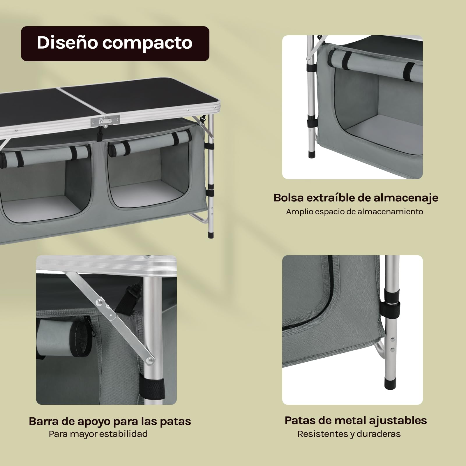WOLTU Mesa de Camping Cocina de Acampada Málaga Mesita Plegable de Aluminio, Mesas de Picnic Altura Ajustable 120x47x62/69.5 cm, Negro+Gris