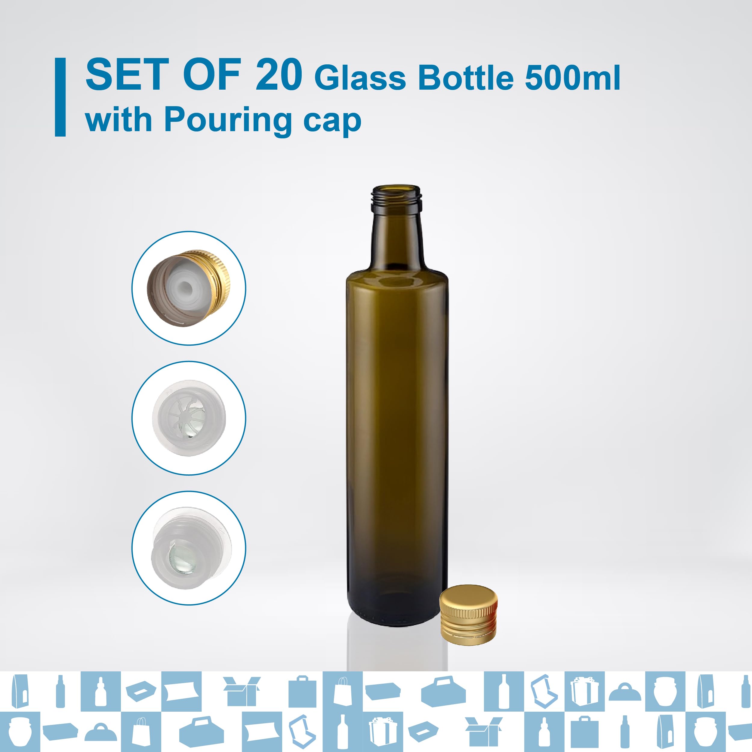 20 Botellas de Cristal Oscuro 500 ml con Tapón de Rosca Dorado y Boquilla Vertedora – Aceitera para Aceite de Oliva, Vinagre y Salsas | Espirito Rebelde