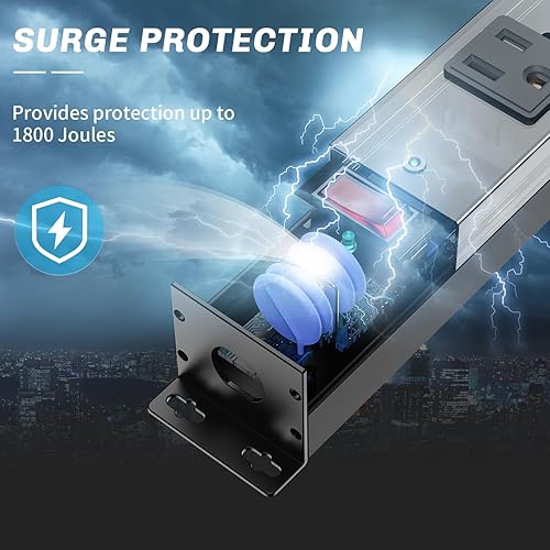 Miniatura 3 de BERIGTTA Regleta de alimentación de metal con protector de sobretensiones de 12 salidas, toma de corriente montable 1800J, regleta de alimentación