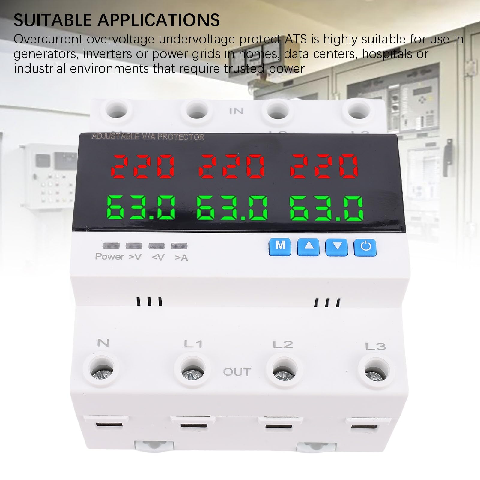 FTVOGUE Interruptor de Transferencia Automática 4P 63A, ATS Trifásico con Protección contra Sobretensión y Subtensión de Sobrecorriente Ajustable para Red Eléctrica del Inversor del Generador,