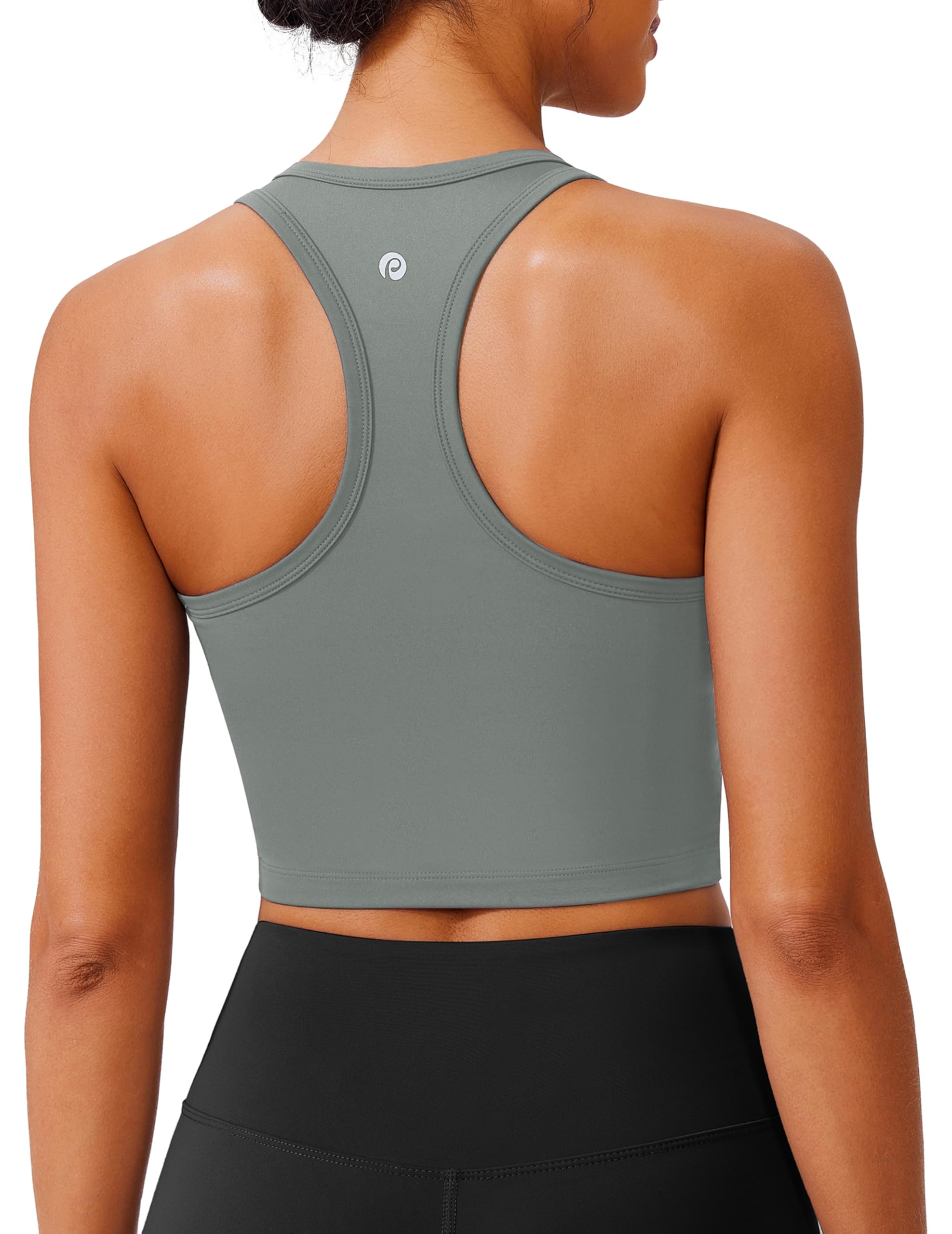 PINSPARK Racerback Crop Tank Tops for Women Longline Padded Sports Bra Scoop Neck Workout Yoga Top